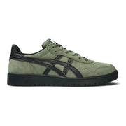 ASICS Japan Pro skate shoe in Moss/Black, side profile showing moss suede upper and black ASICS stripes.