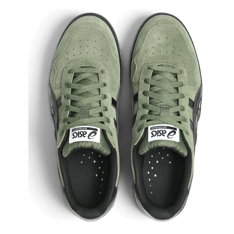 ASICS Japan Pro skate shoes in Moss/Black, top view showing laces, toe perforations and insoles.