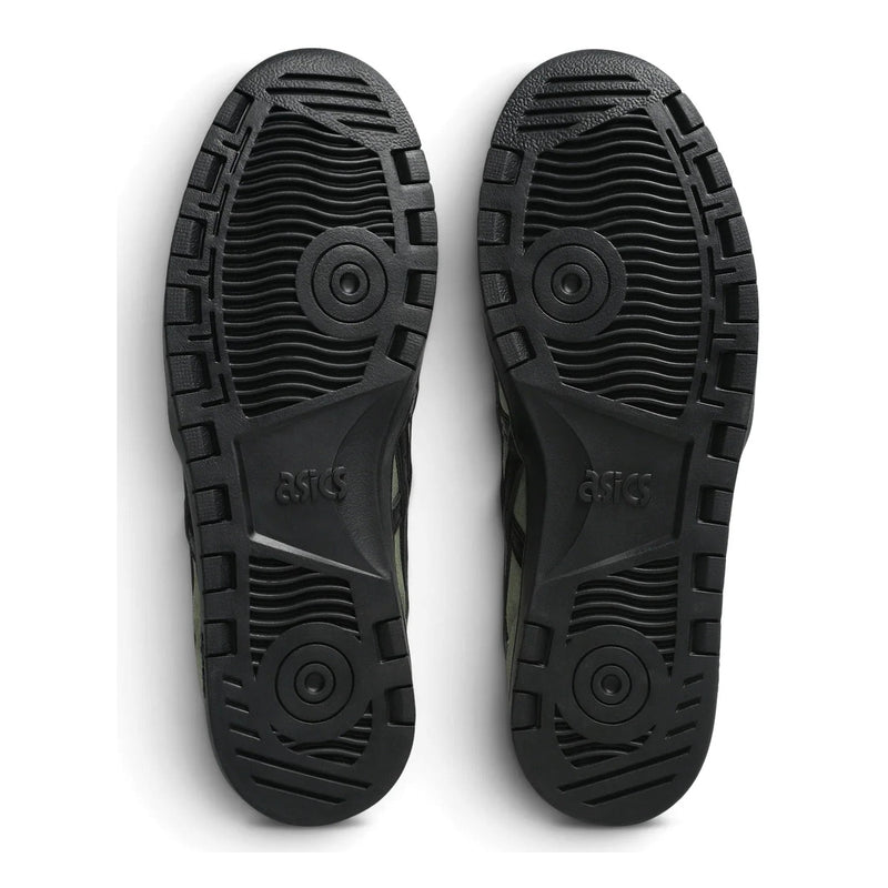 ASICS Japan Pro skate shoes in Moss/Black, bottom view showing black rubber outsole tread.